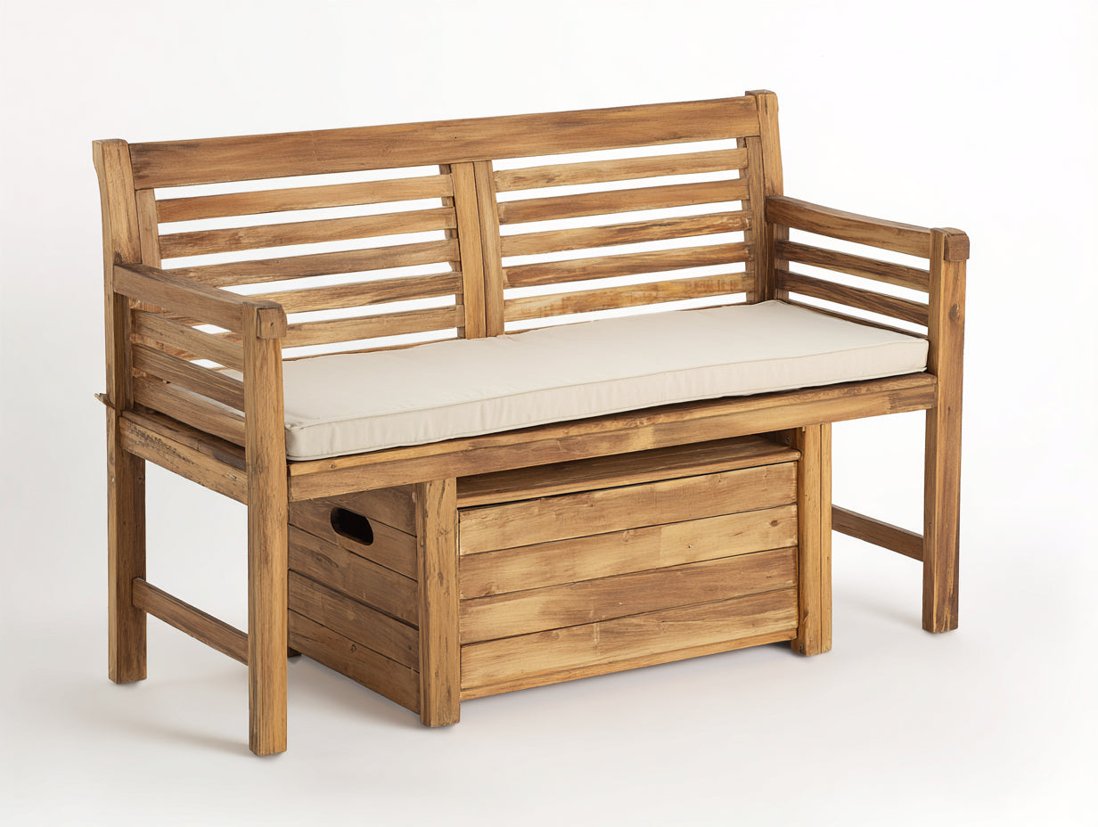 Bancos de jardín de madera natural con cojín blanco 135x58x88 cm - para exterior - diseño rústico con almacenaje