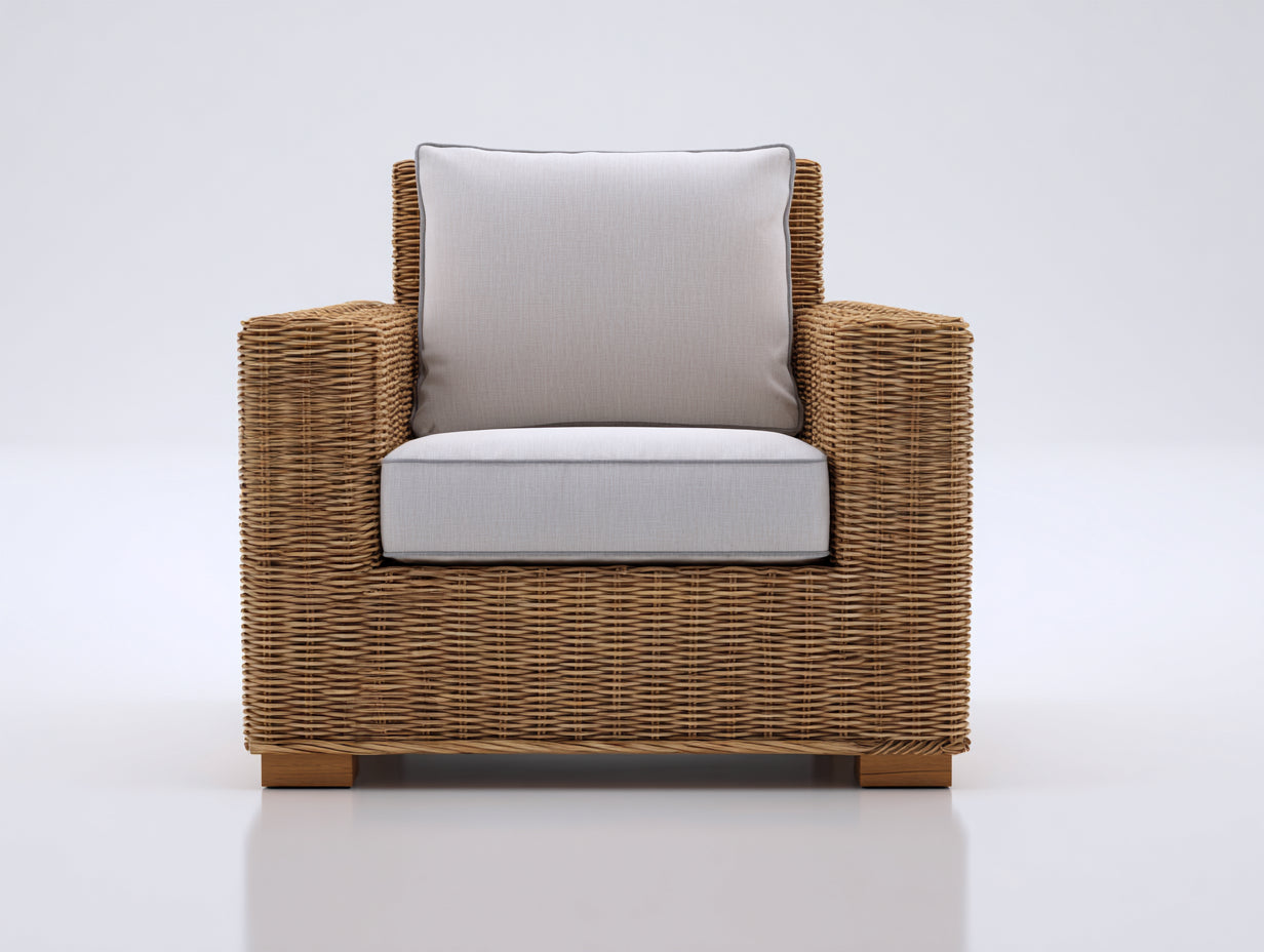 Sillones de ratán 95x85x88 cm - ratán marrón y cojín gris para exterior - diseño moderno con reposabrazos