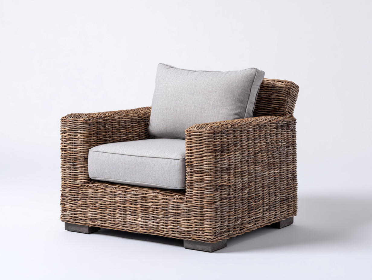Sillones de ratán de jardín tejido natural y cojín acolchado 94x90x76 cm - Marrón-Gris claro - Diseño rústico