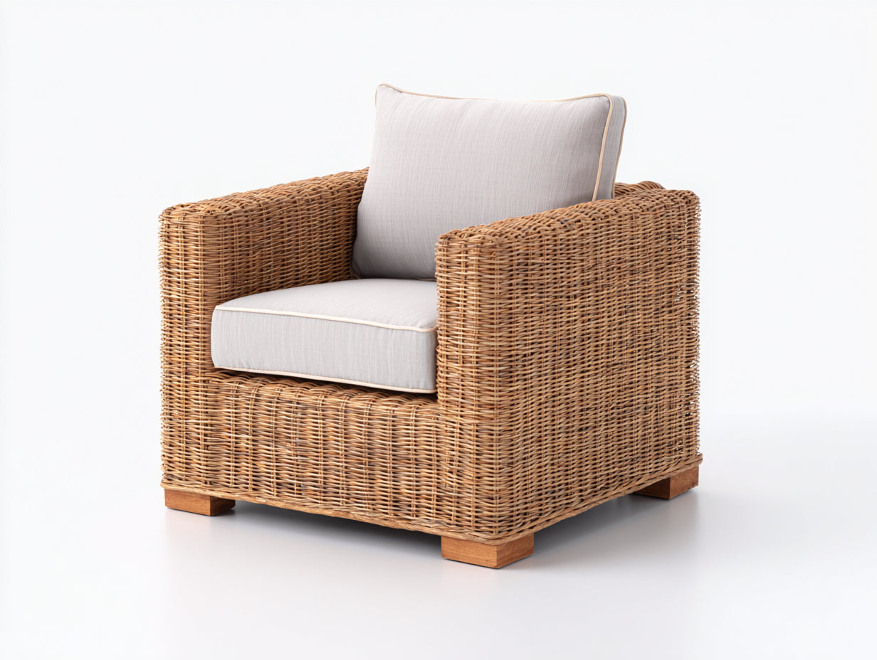 Sillones de ratán 95x90x85 cm - ratán natural y cojines beige para jardín - diseño moderno con reposabrazos