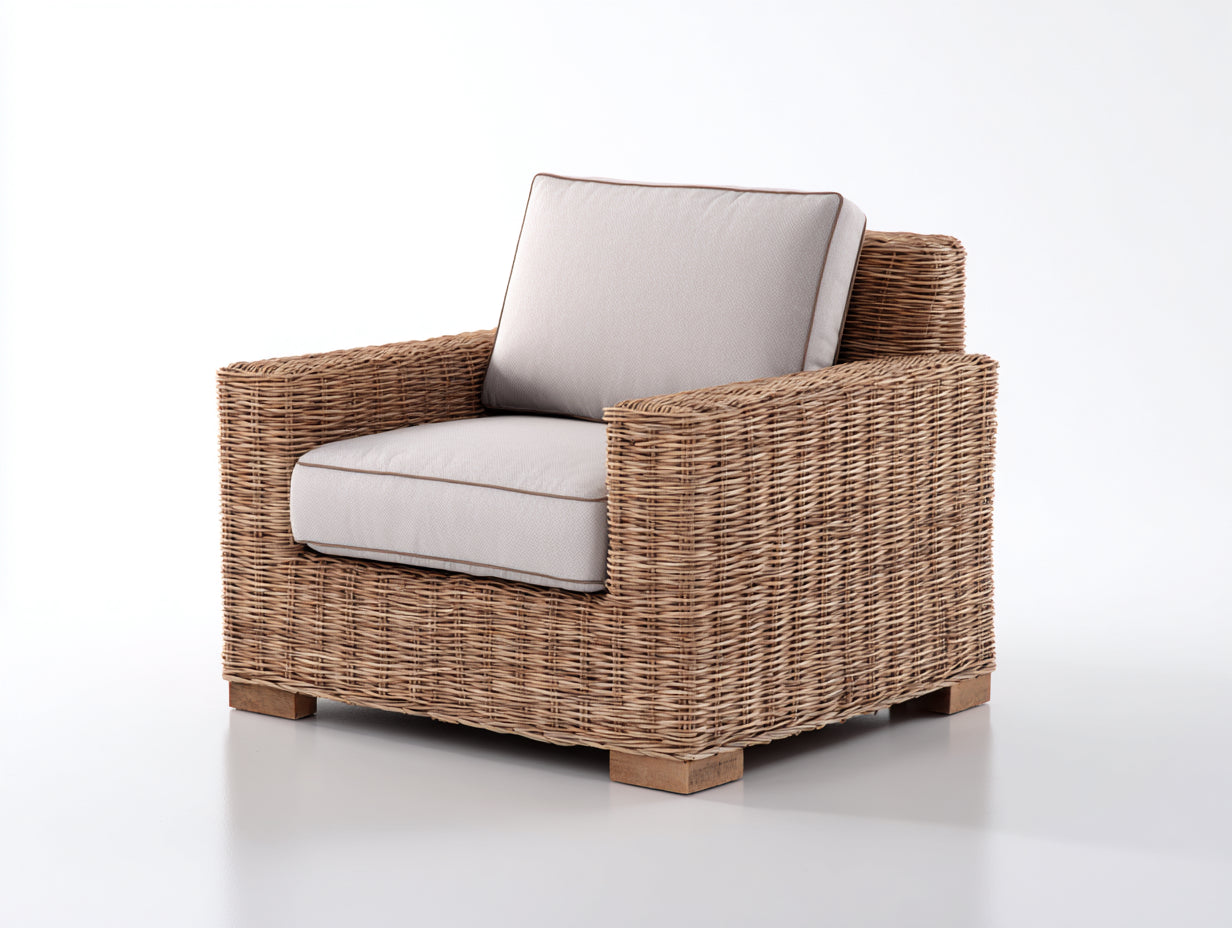 Sillones de ratán natural con cojín beige 90x84x76 cm - para jardín - diseño rústico con reposabrazos